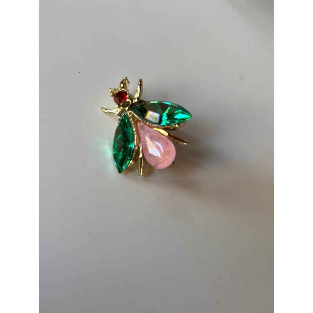 Gold Tone Green Pink Crystal Insect Fly Bee Brooch Pin Novelty Jewelry
